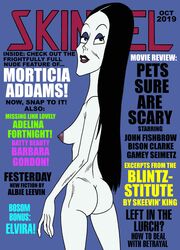 1girls ass black_hair breasts english_text eyeshadow female female_only looking_back magazine magazine_cover milf morticia_addams nipples pale_skin pinup sagging_breasts solo the_addams_family toonytease