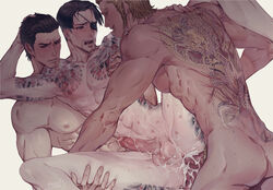 3boys gay goda_ryuji irezumi kiryu_kazuma majima_goro male/male male_penetrated ryuu_ga_gotoku tagme tattoo threesome yakuza yaoi