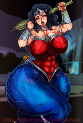 1girls abs armor ass big_ass big_breasts big_butt black_hair blue_eyes bracelet bulge butt dc dc_comics ear_piercing earrings female female_focus female_only huge_breasts hyper large_ass large_breasts looking_at_viewer muscles muscular muscular_female nipple_bulge open_mouth royhack solo solo_female solo_focus sword thick thick_ass thick_legs thick_thighs wonder_woman wonder_woman_(series)