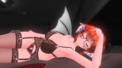 1girls 3d bra breasts closed_eyes fox_ears garter_belt ginger_hair glasses glubbable horns lace-trimmed_bra lace-trimmed_panties large_breasts light-skinned_female light_skin lingerie lying_down lying_on_bed lying_on_side panties sleeping solo solo_female solo_focus succubus virtual_youtuber vrchat vrchat_avatar wings