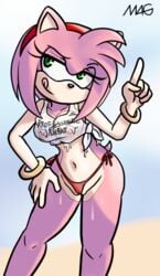 amy_rose beach bikini_strings clothing gold_rings green_eyes hedgehog mag pink_fur pink_hair sassy see-through_clothing sonic_(series) sweat tongue_out