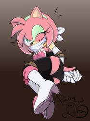 amy_rose amy_the_bat cameltoe cloth_gag peachyowlnights pink_fur pink_hair rouge_the_bat_(cosplay) sonic_(series)