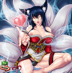 1girls 7th-heaven 9_tails ahri areolae black_hair breasts breasts_out cameltoe heart kumiho league_of_legends light-skinned_female light_skin multiple_tails nipples panties pinup riot_games solo solo_female tail vastaya whisker_markings wink yellow_eyes