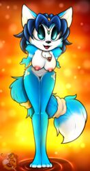 2020 anthro blue_eyes blue_fur blue_hair cjweasle erect_nipples fangs female furry krystal necklace nintendo open_mouth solo star_fox tail