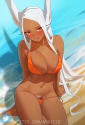 1girls 2d_(artwork) animal_ears atric18 bare_legs bare_shoulders barefoot beach big_breasts bikini blush breasts brown_skin bunny_ears busty cleavage dark-skinned_female dark_skin female_pubic_hair hi_res highres huge_breasts large_breasts long_eyelashes long_hair looking_at_viewer miruko my_hero_academia navel ocean orange_bikini parted_lips pubic_hair rabbit_girl red_eyes rumi_usagiyama sand shore sitting solo solo_focus swimsuit thighs twitter_username untied untied_bikini url very_long_hair water watermark web_address wet white_fur white_hair