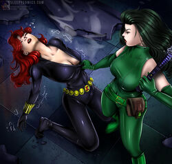 2girls big_breasts black_widow_(marvel) cattle_prod electricity electrostimulation female_only green_hair green_suit imminent_electrostimulation kneeling knocked_out long_gloves madame_hydra marvel marvel_comics natasha_romanoff pulling_clothing red_hair shock shocked shocking skin_tight skin_tight_suit sleepy-comics sparks stun_gun tagme taser