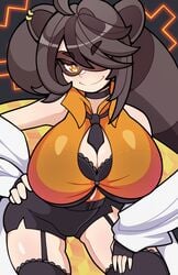 1girls bangs big_breasts bra breasts brown_fur brown_hair busty button_gap button_up_shirt cleavage female garter_straps hair_covering_eye hair_over_one_eye indie_virtual_youtuber looking_at_viewer orange_shirt raccoon_ears raccoon_girl raccoon_tail short_hair sleightissue smiling smiling_at_viewer snuffy teacher_snuffy thighhighs thighs tie tie_between_breasts virtual_youtuber yellow_eyes