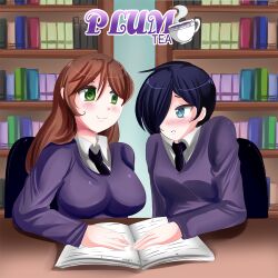 1futa 1girls book clothed futanari hand_on_table library looking_at_another looking_at_partner plum_(plum_tea) plum_tea rei_yukimura_(plum_tea) saintxtail school_uniform schoolgirl shy sitting smile