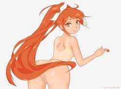 crunchyroll crunchyroll-hime female female_only long_hair looking_at_viewer looking_back nude orange_eyes orange_hair ponytail pussy simple_background smile virtual_youtuber xprincessdoodle