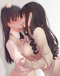 2d_(artwork) 2girls against_wall amagami arm_around_waist arm_grab ayatsuji_tsukasa black_eyes black_hair blush bowtie breast-to-breast breast_press breasts closed_eyes curly_hair drill_hair embracing face-to-face fanart fanart_from_twitpic female full-face_blush hairband hand_on_another's_head hand_on_head hug large_breasts lips long_hair looking_away medium_breasts morishima_haruka multiple_girls noses_touching open_mouth parted_lips santa_(sunflower) school_uniform shy smile sweater sweater_vest symmetrical_docking twitpic yuri