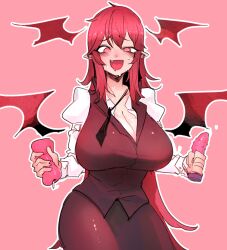 :d @_@ black_skirt black_vest blush breasts cleavage detached_wings dildo drooling dual_wielding female head_wings highres holding holding_dildo juliet_sleeves koakuma large_breasts long_hair long_sleeves looking_down nyong_nyong oerba_yun_fang outline pink_background puffy_sleeves red_eyes red_hair sex_toy shirt simple_background skirt smile solo succubus touhou very_long_hair vest white_outline white_shirt wings