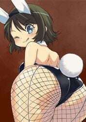 ass ass_focus blue_eyes brown_hair bunny_ears bunnysuit clothed clothing female looking_at_viewer looking_back muramasa_mikado murana_(muramasa_mikado) solo tongue tongue_out wink