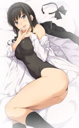 2d_(artwork) :d amagami ass bangs bare_shoulders bed bed_sheet black_bow black_hair black_hair_ornament black_hairband black_jacket black_legwear black_socks black_swimsuit blue_eyes bow bow_removed breasts clothing competition_swimsuit covered_navel feet_out_of_frame female hairband hand_on_chest hand_on_own_chest hand_on_own_face high_resolution jacket jacket_removed knee_socks kneehighs kneesocks large_breasts legwear long_hair long_sleeves lying morishima_haruka off_shoulder on_bed on_side one-piece_swimsuit open-mouth_smile open_clothes open_mouth open_shirt school_uniform serizawa_(serizawaroom) shirt sidelocks smile socks solo swimsuit tank_suit thighs uniform viewed_from_above white_shirt