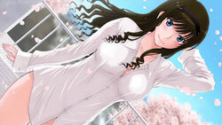 16:9_aspect_ratio 1girl amagami arm_behind_head blue_eyes blush bottomless breasts brown_hair cherry_blossom clothing day dress_shirt dutch_angle end_card female hairband high_resolution large_breasts long_hair looking_at_viewer morishima_haruka naked_shirt no_bra nopan official_art petals screen_capture shirt sitting sky smile solo standing tsukino_jougi wind