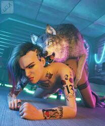 1animal 1boy 1girls 3d angry breasts canine cgi cum cum_puddle cybernetics cyberpunk_2077 doggy_style human interspecies judy_alvarez leta male short_hair tattoo undercut vaginal_penetration zoophilia