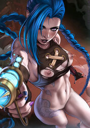 1girls abs action_pose alternate_breast_size arcane arcane_jinx areola areolae athletic_female blue_hair bottomless braided_twintails breasts casual child_bearing_hips dandon_fuga female female_focus female_only firearm fit fit_female footwear gun handgun handwear hips holding_gun holding_pistol holding_weapon human jinx_(league_of_legends) lactating lactation lactation_without_expressing league_of_legends long_hair looking_at_viewer milk navel nipples pale_skin solo solo_female solo_focus tattoo torn_clothes weapon