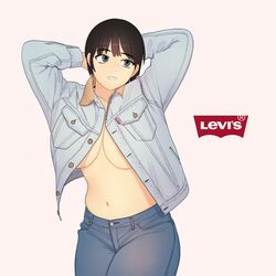 black_hair breasts cleavage denim denim_clothing denim_jacket jacket no_bra open_clothes short_hair thomas_hewitt very_short_hair white_background