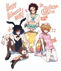 3boys 3femboys alternate_costume androgynous black_hair blonde_hair blush brown_hair bulge bunny_ears bunnysuit crop_top crossdressing demon_slayer earrings embarrassed femboy femboy_bunny femboy_nurse feminine_male garter_straps halloween high_heels inosuke_hashibira kamado_tanjirou kimetsu_no_yaiba kinnimin kneeling light-skinned_male looking_at_viewer male male_only nurse nurse_cap nurse_uniform pale-skinned_male panties pantyhose pink_panties pleated_skirt see-through_clothing serafuku short_hair sitting smile spread_legs sweatdrop thighhighs torn_pantyhose trap two_tone_hair white_legwear white_thighhighs wink wrist_cuffs zenitsu_agatsuma