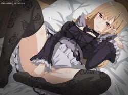 1girls 2022 bed bed_sheet bedroom_eyes black_legwear black_socks black_stockings blonde_hair blush cloverworks covering covering_crotch earrings eufoniuz eye_contact female kitagawa_marin kuroe_shizuku_(cosplay) laying laying_down laying_on_bed long_hair looking_at_viewer looking_back maid maid_headdress maid_uniform miniskirt no_panties pink_eyes skirt skirt_lift smiling smiling_at_viewer socks solo solo_female sono_bisque_doll_wa_koi_wo_suru spread_legs thick_thighs thigh_socks thighhighs thighs uncensored wide_hips