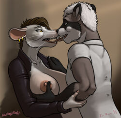 2019 anthro anthro_on_anthro big_breasts breast_grab breasts brown_hair buckteeth clothing duo ear_piercing ear_ring female french_kissing hair hand_on_breast hi_res jacket kissing leg_markings lord_magicpants male male/female mammal markings murid murine nipples piercing procyonid raccoon rat rodent short_hair smile socks_(marking) teeth tongue tongue_out topwear white_hair