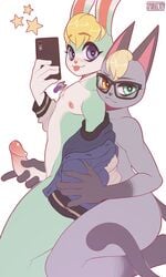 2021 absurd_res animal_crossing anthro blonde_hair blush cellphone clothed clothing digital_media_(artwork) domestic_cat duo embrace erection eyewear felid feline felis gay gay_sex genitals girly glasses hair hand_on_penis heterochromia hi_res humanoid_genitalia humanoid_penis jacket kneeling lagomorph leporid looking_at_viewer male male/male mammal nintendo nipples nude partially_clothed penis phone rabbit raymond_(animal_crossing) sasha_(animal_crossing) simple_background skirt smartphone sparklyon3 star tongue tongue_out topwear video_games white_background