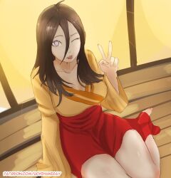 1girls :p bare_legs barefoot big_breasts boruto:_naruto_next_generations breasts brown_hair cleavage clothed clothed_female female female_only hakama hakama_skirt huge_breasts hyuuga_hanabi kimono light-skinned_female light_skin long_hair looking_at_viewer naruto naruto_(series) peace_sign shiny shiny_hair shiny_skin sitting sliding_doors solo solo_focus sticking_out_tongue tongue tongue_out uchihaniray v violet_eyes wooden_floor