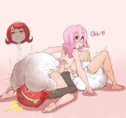 2girls 69 aweye-ff big_breasts blush breasts diaper diapered_dom diapered_lovers facesitting female messy_diaper multiple_girls pink_hair red_hair scat smothering soiling