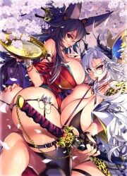 2girls big_breasts black_hair breasts busty female ferris_(raiosmanis) hips hourglass_figure huge_breasts human kagura_(raiosmanis) large_breasts legs light-skinned_female light_skin lips long_hair multiple_girls shiny shiny_skin thick_legs thick_thighs thighs voluptuous w_techo300 waist white_hair wide_hips