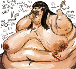 1girls asian asian_female bbw belly big_belly big_breasts black_hair breasts breasts_apart eating english_text fat fat_rolls fat_woman female female_only food food_stains hyper_fat messy_eater messy_eating morbidly_obese morbidly_obese_female nipples obese obese_female overweight overweight_female simple_background slob solo solo_female ssbbw sweat theamericandream white_background