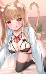 2d_(artwork) all_fours animal_ear_fluff animal_ears bangs bed_sheet black_bra black_legwear black_panties blurry blurry_background blush bow bra breasts brown_hair cat_ears cat_girl cat_tail closed_mouth collared_shirt commentary_request covered_navel depth_of_field dress_shirt eyebrows_visible_through_hair female hi_res highres katsushika_pachi licking_lips long_hair long_sleeves medium_breasts navel no_shoes original panties plaid plaid_bow red_bow shirt smile solo stuffed_animal stuffed_toy tail teddy_bear thighhighs tongue tongue_out underwear very_long_hair white_shirt