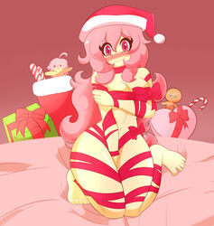 breasts female gift_wrapped hat heart-shaped_pupils limbros looking_at_viewer melody_(limbros) pink_hair solo tagme wrappings