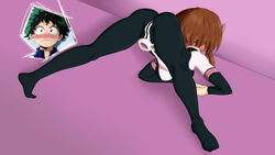 1girls ass brown_hair clothed clothing hair hero_outfit_(mha) izuku_midoriya jackochallenge legs_apart legs_spread light_skin my_hero_academia ochako_uraraka short yomu