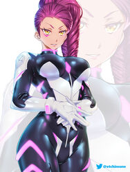 1girls artist_name bodysuit braid braided_ponytail breasts clothing commentary cosplay crossover dark_skin etchimune facial_mark female_only fire_emblem fire_emblem:_three_houses gloves large_breasts lips long_hair long_sleeves medium_breasts neon_genesis_evangelion neon_trim nintendo parted_lips petra_macneary plugsuit ponytail purple_hair shiny shiny_clothes shiny_hair simple_background skin_tight smile solo tattoo tied_hair turtleneck white_background yellow_eyes zoom_layer