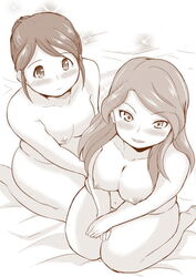 2girls areolae barefoot bbw blush camellia_travis cammy_cammy chubby chubby_female collarbone completely_nude eyebrows eyebrows_visible_through_hair eyelashes female female_only fuyuka_kudou grown_up hair_bun hosimaki inazuma_eleven inazuma_eleven_(series) inazuma_eleven_go kneeling level-5 long_hair multiple_girls navel nelly_raimon nipples nude nude_female raimon_natsumi sheets thick_thighs thighs