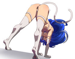ahoge all_fours animal_ears anus ass ass_shake bare_legs big_hair blue_hair breasts capcom cat_girl cat_paws cat_tail censor_bar censored clothing clothing_aside darkstalkers feet felicia felicia_(darkstalkers) felicia_(vampire) fur fur_bikini gureko_rouman hanging_breasts huge_ahoge legs looking_back looking_down medium_breasts nekomimi paws presenting simple_background spreading tail toes underwear underwear_aside white_background white_fur