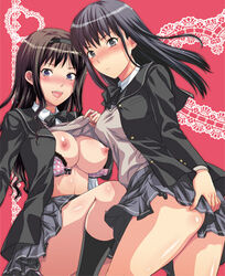 2girls amagami ayatsuji_tsukasa black_eyes black_hair blush bra breasts clothes_pull clothing female front-hook_bra kibito_high_school_uniform large_breasts lingerie long_sleeves looking_at_viewer low_resolution morishima_haruka multiple_girls open_bra pantsu pink_bra polka_dot polka_dot_bra polka_dot_underwear school_uniform shirt shirt_lift shirt_pull sweater underwear uniform yuzuki_n_dash