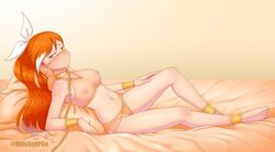 2d_(artwork) bed blush collar crunchyroll crunchyroll-hime female female_only full_body glitchynpc hi_res long_hair looking_at_viewer orange_eyes orange_hair pillow ponytail simple_background virtual_youtuber visible_nipples watermark