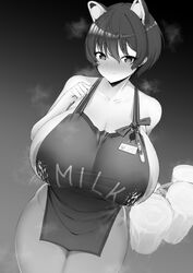 allied_hyakkiyako_academy_student animal_ears apron areola_slip areolae beer_mug blue_archive blush breasts collarbone cup dearonnus eyebrows_visible_through_hair female from_above gigantic_breasts greyscale heart heart-shaped_pupils highres holding holding_cup inner_discipline_club_(blue_archive) lactation looking_at_viewer milk monochrome mug naked_apron pregnancy_test reward_available smile steam steaming_body symbol-shaped_pupils tsubaki_(blue_archive) very_short_hair wet