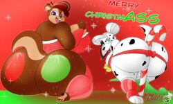 2021 absurd_res anthro ass ass_up bent_over big_ass big_breasts big_butt breasts candy candy_cane canid canine canis chipmunk christmas chubby coco_hazelnut dessert digital_media_(artwork) domestic_dog duo fat_ass female food gretchen_hazard ground_squirrel hi_res holidays huge_ass huge_breasts huge_butt looking_at_viewer looking_back mammal masterj291 mature_female overweight overweight_female rodent santa_costume sciurid simple_background slightly_chubby thick_thighs