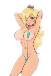 1girls armpits arms_behind_head big_breasts blonde_hair blue_bikini blue_eyes breasts busty cleavage eye_contact female female_only large_breasts lipstick looking_at_viewer mario_(series) mouth_hold navel nintendo pink_lipstick pose posing pov_eye_contact princess_rosalina scorpdk seductive_look sling_bikini smile solo standing swimsuit tan tanline thick_thighs thighs