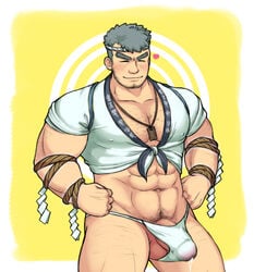 1boy abs bara beard between_pectorals blush bulge chest_hair covered_nipples cowboy_shot cum cum_in_clothes cum_through_clothes erection erection_under_clothes facial_hair fuhan_(fuhan130) fundoshi hachimaki headband heart highres human human_only japanese_clothes jewelry large_pectorals leg_hair male male_focus male_only male_pubic_hair mature_male midriff muscular muscular_male navel navel_hair necklace nipples pectoral_cleavage pectorals penis penis_peek pubic_hair rope short_hair sideburns smile solo stomach stubble thick_eyebrows thick_thighs thighs tokyo_afterschool_summoners underwear water_deity_(tokyo_afterschool_summoners) white_underwear