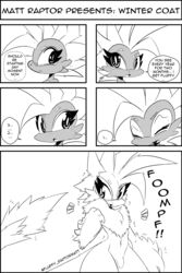 2021 2:3 absurd_res anthro balls blush closed_eyes comic dialogue dinosaur dromaeosaurid english_text feathered_dinosaur feathers flaccid fluffy front_view genitals girly greyscale hi_res humanoid_genitalia humanoid_penis looking_at_viewer male mane mohawk monochrome nude open_mouth penis raised_arm raptor_matt reptile scales scalie screentone smile solo speech_bubble talking_to_viewer text theropod white_crest