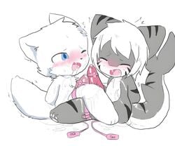 blue_eyes blush changed_(video_game) changed_fan_artist colin_(changed) drooling furry gay lin_(changed) precum sex_toy shark_(changed) tiger_shark_(changed) vibrator white_fur white_hair