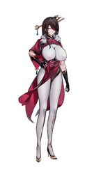 9h absurdres bangs beidou_(genshin_impact) black_gloves breasts brown_hair cameltoe cape clenched_hand closed_mouth commentary_request covered_erect_nipples earrings eyepatch female female fingerless_gloves full_body genshin_impact gloves hair_ornament hair_over_one_eye hair_stick hairpin hand_on_hip high_heels highres jewelry large_breasts long_hair looking_at_viewer mole mole_under_eye pantyhose red_eyes simple_background solo standing tassel tassel_earrings thighs white_background white_legwear