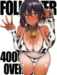 2d_(artwork) absurdres animal_print antyobi0720 bell bikini black_hair blush breasts cleavage covered_erect_nipples cow_print eyebrows_visible_through_hair female girls_und_panzer green_eyes highres hoshino_(girls_und_panzer) large_breasts leaning_forward looking_at_viewer milestone_celebration navel neck_bell short_hair smile solo swimsuit tan tanline tongue tongue_out white_bikini