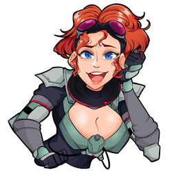 apex_legends big_breasts breast_hold breast_squeeze breast_squish breasts breasts_out bursting_breasts bursting_clothes cleavage happy horizon_(apex_legends) looking_at_another looking_at_partner looking_at_viewer milf missandydandy simple_background stretched_clothing thick tight_clothing