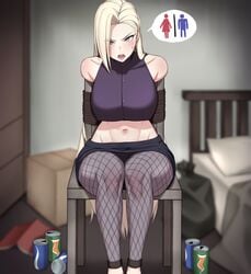 1girls arms_behind_back bedroom blonde_hair blush bondage bound breasts chair clothing female fishnet_legwear fishnets flustered full_bladder ino_yamanaka large_breasts legs looking_at_viewer midriff milfxxxiii naruto naruto:_the_last naruto_shippuden navel ninja omorashi restrained rope sitting skirt sweatdrop thought_bubble tied_up