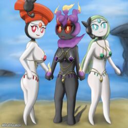 anthro ass beach bikini black_body blubluumon breasts clothing female group hand_holding hi_res jewelry legendary_pokémon male marshadow marshadow_(zenith_form) meloetta meloetta_(aria_form) meloetta_(pirouette_form) nintendo pokémon_(species) pokemon sea seaside shadow shiny_pokémon swimwear trio video_games water white_body