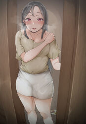 2d_(artwork) after_sex bangs black_hair blush breasts breath brown_shirt commentary_request eyebrows_visible_through_hair female highres long_hair looking_at_viewer medium_breasts miniskirt netorare open_mouth opening_door original panties pubic_hair red_eyes scat shirt short_sleeves skirt smile solo stained_panties standing steaming_body stray_pubic_hair sweat underwear uricotake