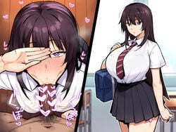 1boy 1girls 2d_(artwork) :>= anteater_face before_and_after blowjob blowjob_face blush busty comic condom covering covering_eye covering_face erection fellatio female heart heart-shaped_pupils hi_res huge_breasts human instant_loss_2koma kneeling lips lipstick looking_at_viewer looking_up male_pov male_pubic_hair oral original penis pov pubic_hair saliva school_uniform schoolgirl sekai_ichii sex skirt stray_pubic_hair sucking used_condom vacuum_fellatio